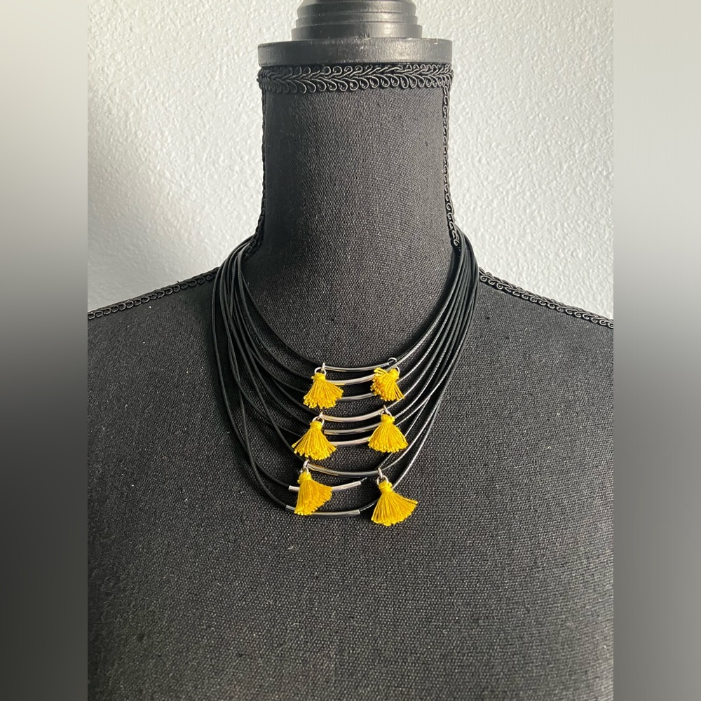 LOFT multi-strand black leather and yellow tassels necklace, never worn
